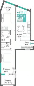 2-к квартира, строящийся дом, 67м2, 4/9 этаж