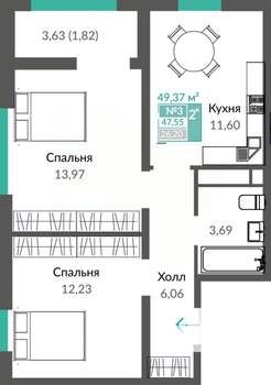 2-к квартира, строящийся дом, 49м2, 2/12 этаж