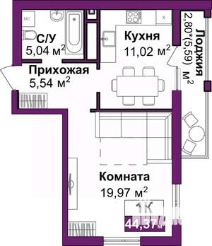 1-к квартира, вторичка, 44м2, 10/16 этаж