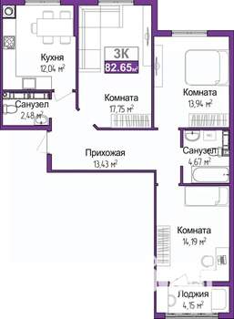 3-к квартира, вторичка, 81м2, 6/9 этаж