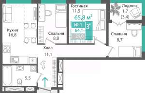 3-к квартира, строящийся дом, 64м2, 12/16 этаж