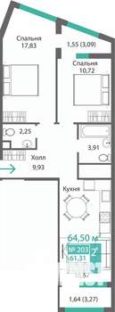 2-к квартира, строящийся дом, 65м2, 2/9 этаж