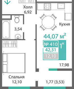1-к квартира, вторичка, 42м2, 4/9 этаж