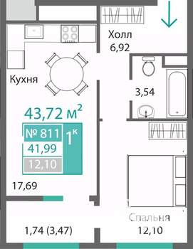 1-к квартира, строящийся дом, 42м2, 8/9 этаж