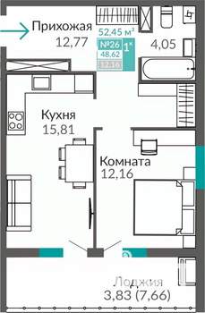 1-к квартира, строящийся дом, 49м2, 4/9 этаж