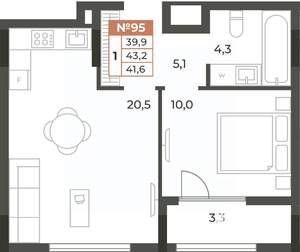 1-к квартира, вторичка, 42м2, 4/8 этаж