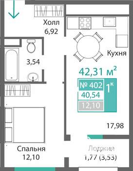 1-к квартира, строящийся дом, 42м2, 4/9 этаж
