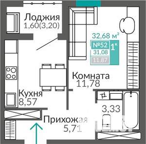 1-к квартира, вторичка, 31м2, 8/9 этаж