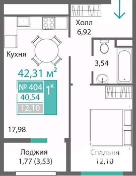 1-к квартира, строящийся дом, 42м2, 2/9 этаж