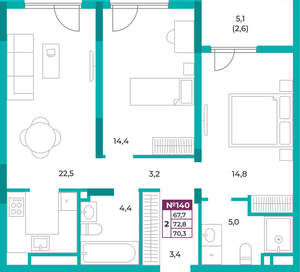 2-к квартира, вторичка, 70м2, 17/16 этаж