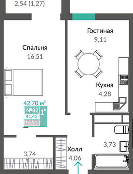 1-к квартира, вторичка, 43м2, 11/16 этаж