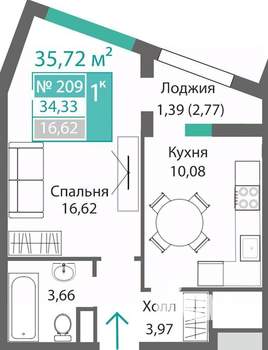 1-к квартира, строящийся дом, 36м2, 4/9 этаж