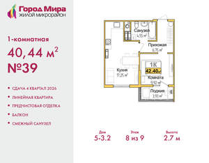 1-к квартира, вторичка, 40м2, 8/9 этаж