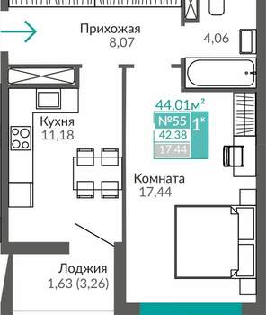 1-к квартира, вторичка, 42м2, 8/9 этаж