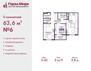 2-к квартира, вторичка, 64м2, 2/9 этаж