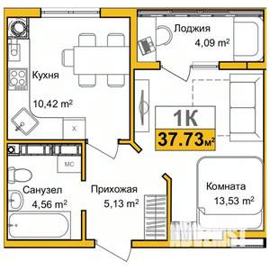 1-к квартира, сданный дом, 34м2, 5/9 этаж