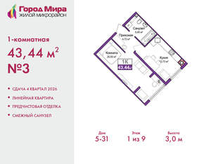 1-к квартира, вторичка, 43м2, 1/9 этаж