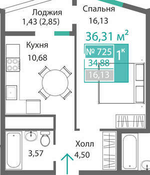 1-к квартира, вторичка, 36м2, 7/9 этаж