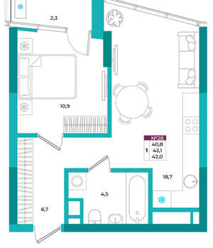 1-к квартира, вторичка, 42м2, 5/24 этаж