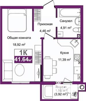 1-к квартира, вторичка, 42м2, 1/9 этаж