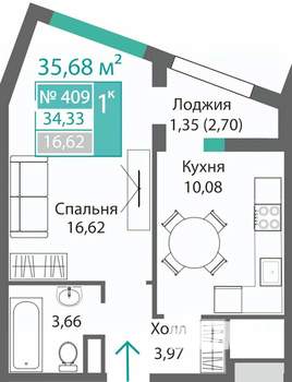 1-к квартира, строящийся дом, 36м2, 4/9 этаж
