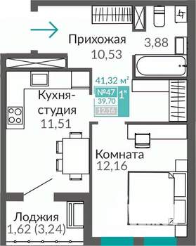 1-к квартира, строящийся дом, 40м2, 7/9 этаж