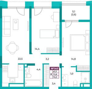 2-к квартира, вторичка, 70м2, 17/20 этаж