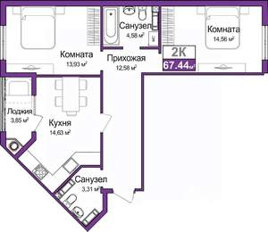 2-к квартира, вторичка, 66м2, 8/9 этаж