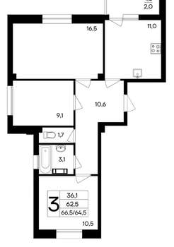 3-к квартира, вторичка, 67м2, 2/9 этаж