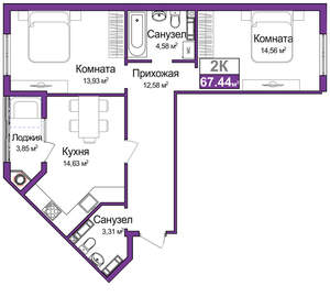 2-к квартира, вторичка, 66м2, 6/16 этаж