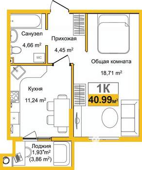 1-к квартира, вторичка, 41м2, 1/9 этаж