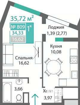 1-к квартира, вторичка, 36м2, 8/9 этаж