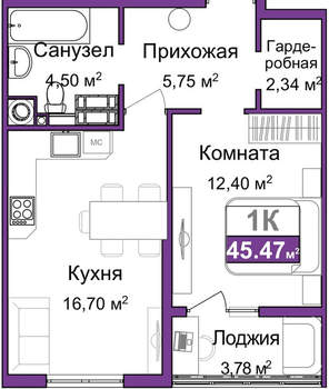 1-к квартира, вторичка, 44м2, 6/9 этаж