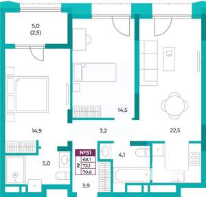 2-к квартира, вторичка, 71м2, 7/20 этаж