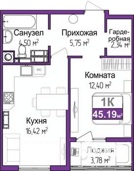 1-к квартира, вторичка, 43м2, 9/9 этаж