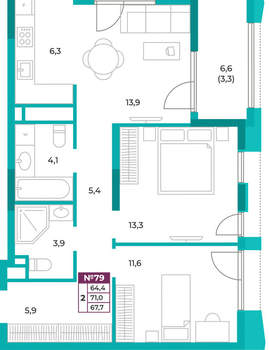 2-к квартира, вторичка, 68м2, 10/16 этаж