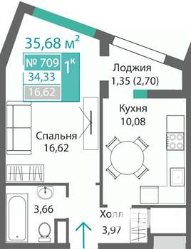 1-к квартира, строящийся дом, 36м2, 7/9 этаж