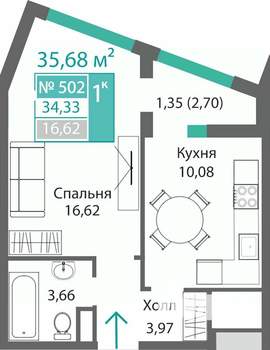1-к квартира, строящийся дом, 36м2, 5/9 этаж