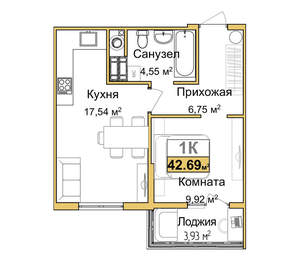 1-к квартира, вторичка, 41м2, 5/9 этаж