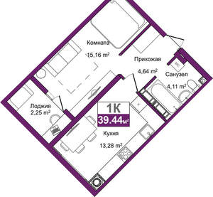 1-к квартира, вторичка, 39м2, 7/9 этаж