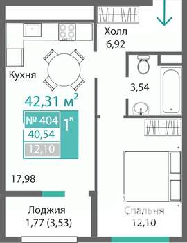 1-к квартира, строящийся дом, 42м2, 8/9 этаж