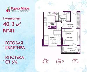 1-к квартира, сданный дом, 40м2, 5/9 этаж