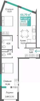 2-к квартира, вторичка, 67м2, 5/9 этаж
