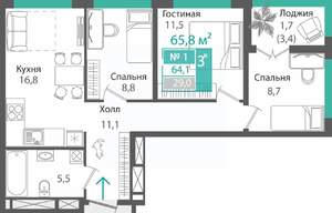 3-к квартира, строящийся дом, 64м2, 7/16 этаж
