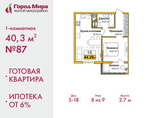 1-к квартира, сданный дом, 40м2, 8/10 этаж