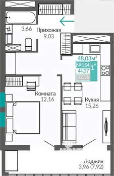 1-к квартира, строящийся дом, 44м2, 5/9 этаж