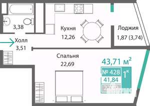 1-к квартира, строящийся дом, 44м2, 4/9 этаж