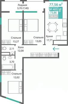 3-к квартира, строящийся дом, 78м2, 4/9 этаж