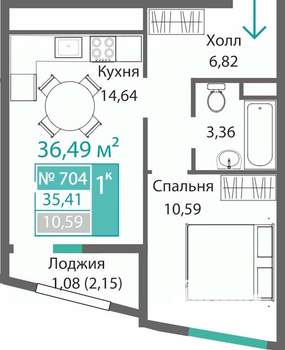 1-к квартира, строящийся дом, 36м2, 7/9 этаж