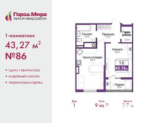 1-к квартира, вторичка, 43м2, 9/9 этаж